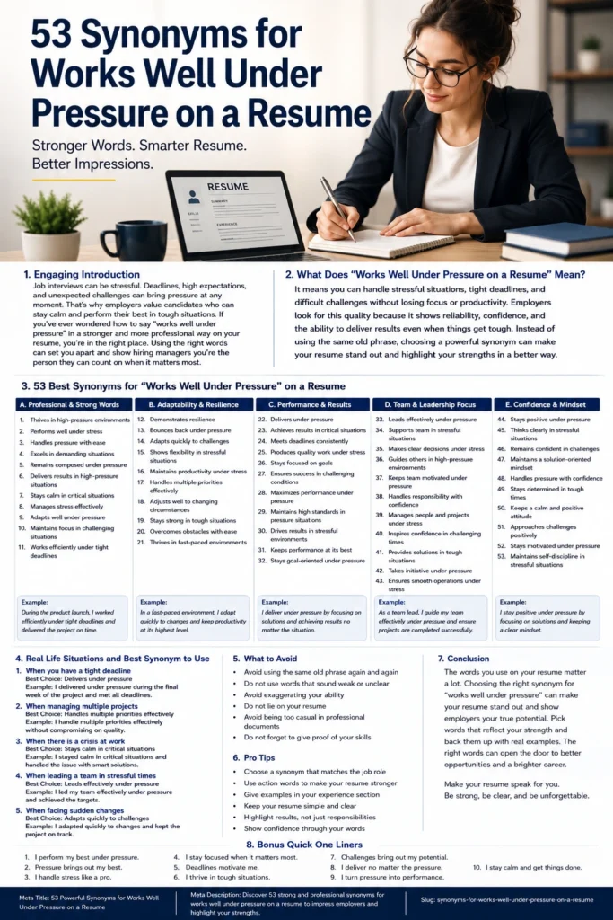 synonyms for works well under pressure on a resume